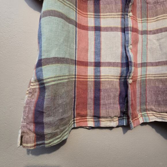 J Crew Baird McNutt Irish Linen Plaid Camp Shirt Men XL Loop Collar Short Sleeve - Picture 3 of 12